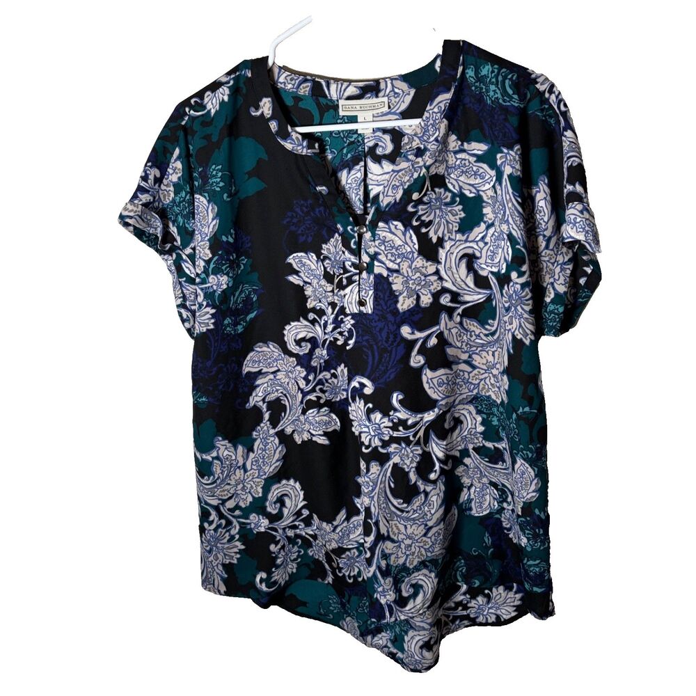 Dana Buchman Blouse Women's Large Blue Green Floral Short Sleeve V-Neck Top